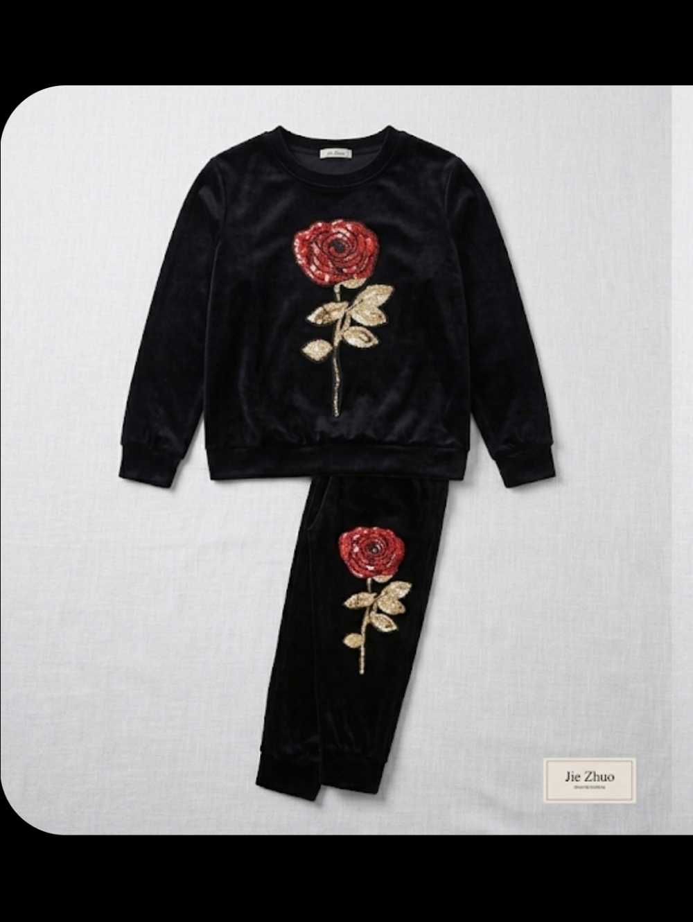 Elegant Black Velvet Jogger Set with Sparkling Sequin Roses - XL - New